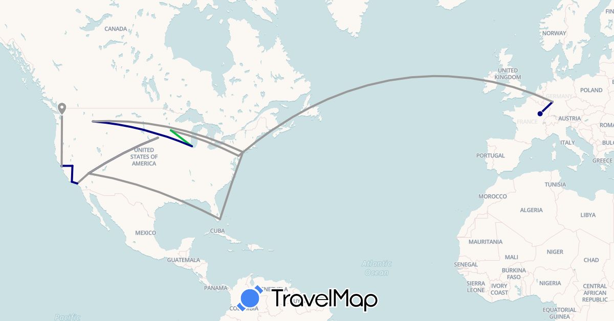 TravelMap itinerary: driving, bus, plane in Germany, France, United States (Europe, North America)